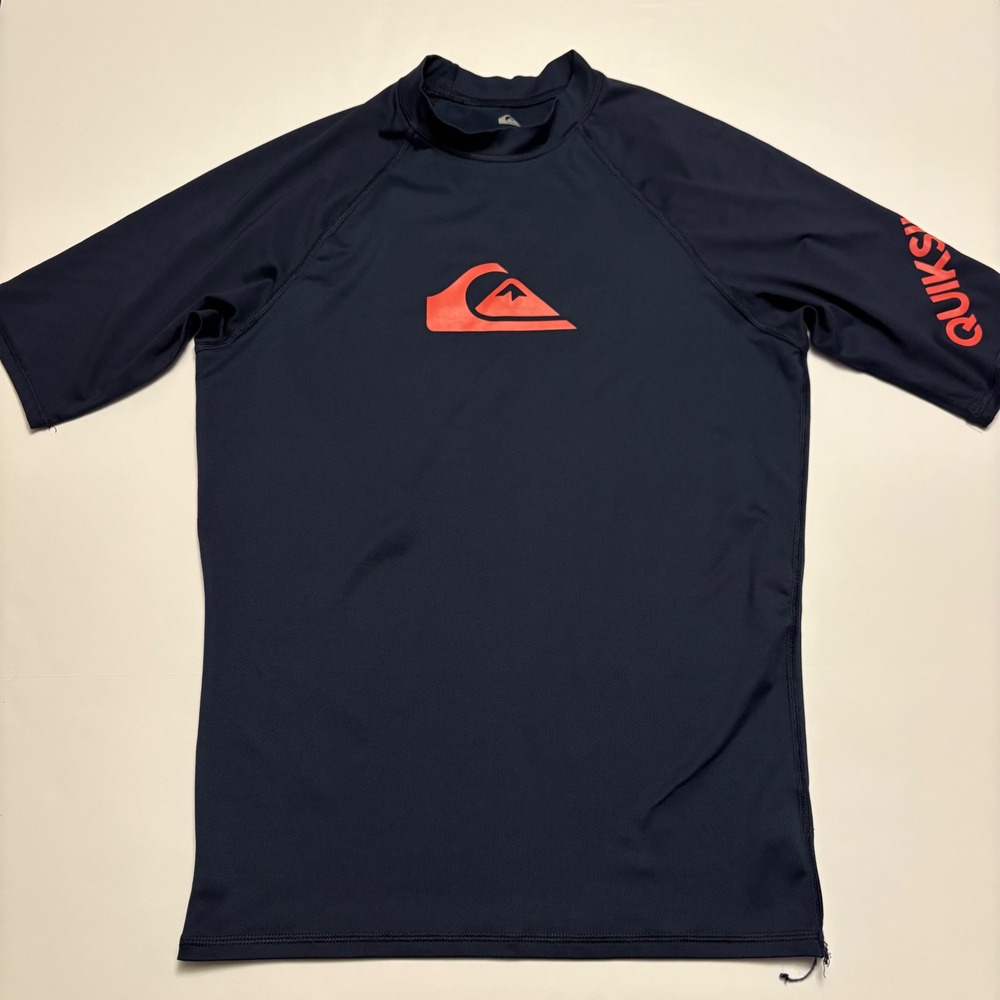 Quiksilver Rash Guard Men XL Navy Blue Orange Logo Short Sleeve Surf Shirt